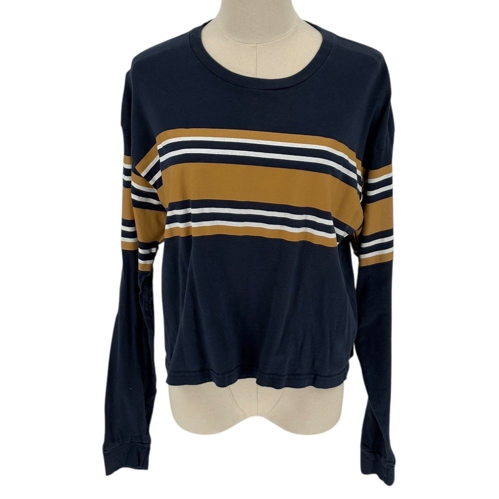 Justify Long Sleeve Striped Crew Neck Blue Mustard White Top (Size XL)